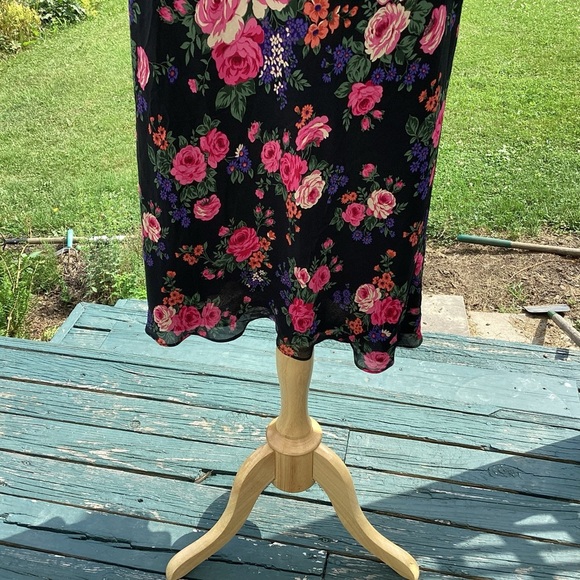 90s y2k Fairycore Gauze Lined Flowy Rose Print black background midi maxiskirt S - Picture 3 of 12